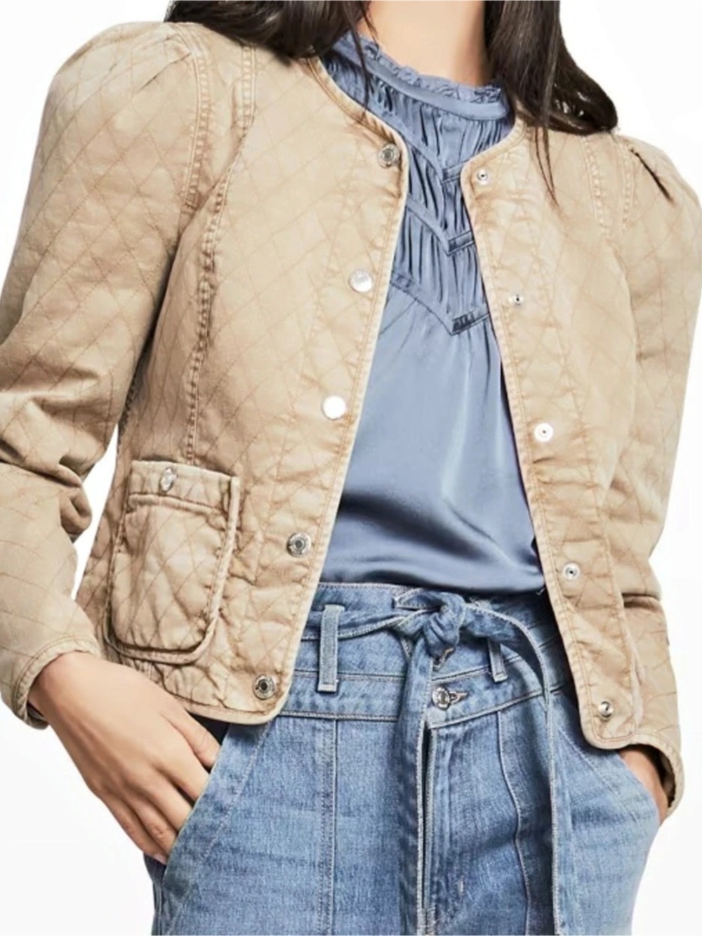 Veronica Beard Jeans Camilla Quilted Puff Sleeve Jacket Taupe M